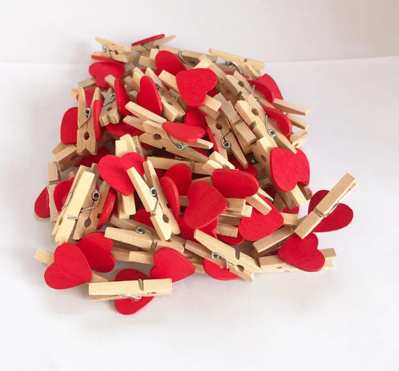50 Mini Heart Wood Clips